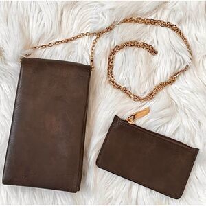 Brown Crossbody Wallet and Gold Link Chain with Matching Coin Purse  NWOT